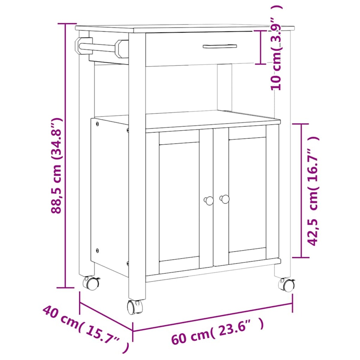 vidaXL Wózek kuchenny MONZA, 60x40x88,5 cm, lite drewno sosnowe