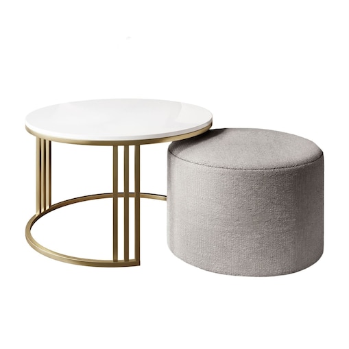 Stolik kawowy z pufą LORI POŁYSK złoto szczotkowane, biały / Perfect Harmony 82