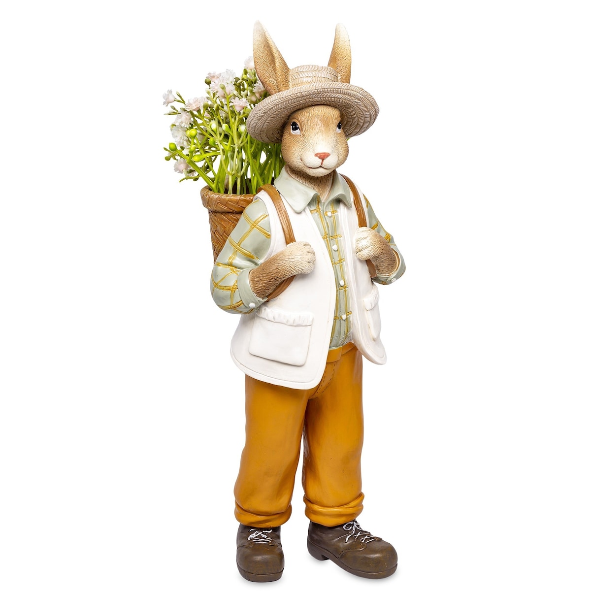 Dekoracja - królik OGRODNIK z plecakiem i kwiatami 30x11 cm