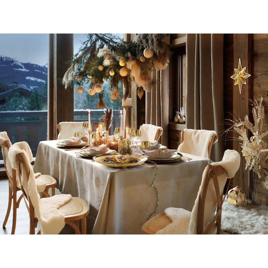 Obrus świąteczny, żakardowy, beżowo-złoty w gwiazdy, 140x360 cm