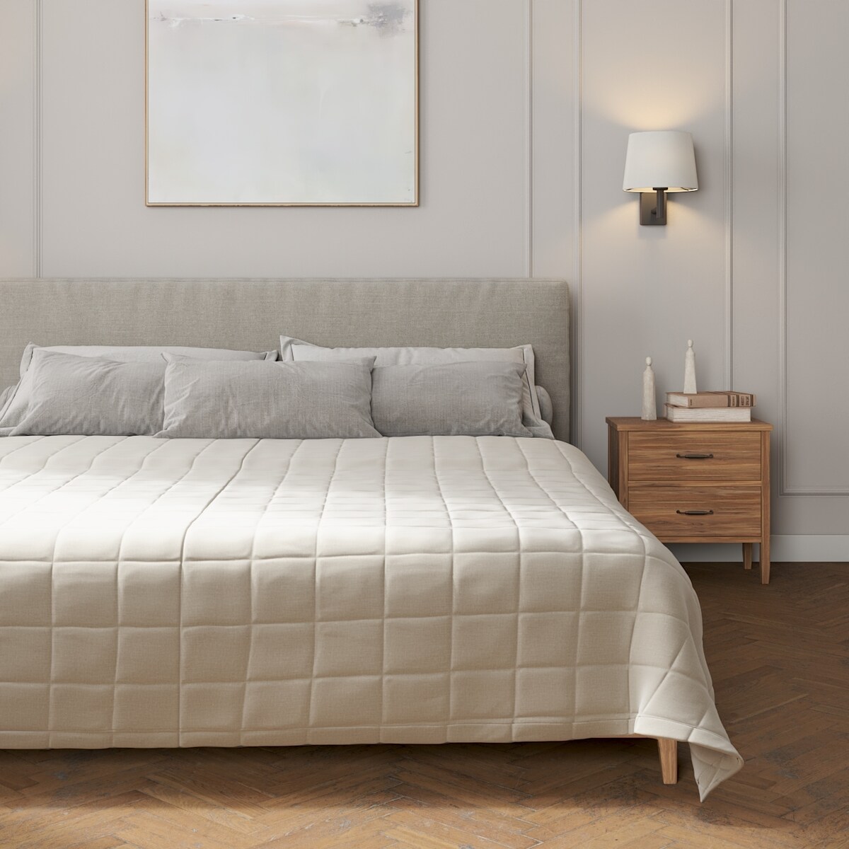 Narzuta pikowana w kratę 260x210 jasno szary welwet