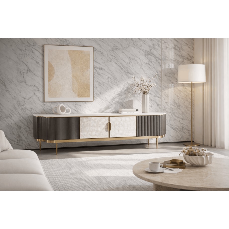 Grafitowa szafka RTV glamour z muszlami i spiekiem Champion 200x42x52