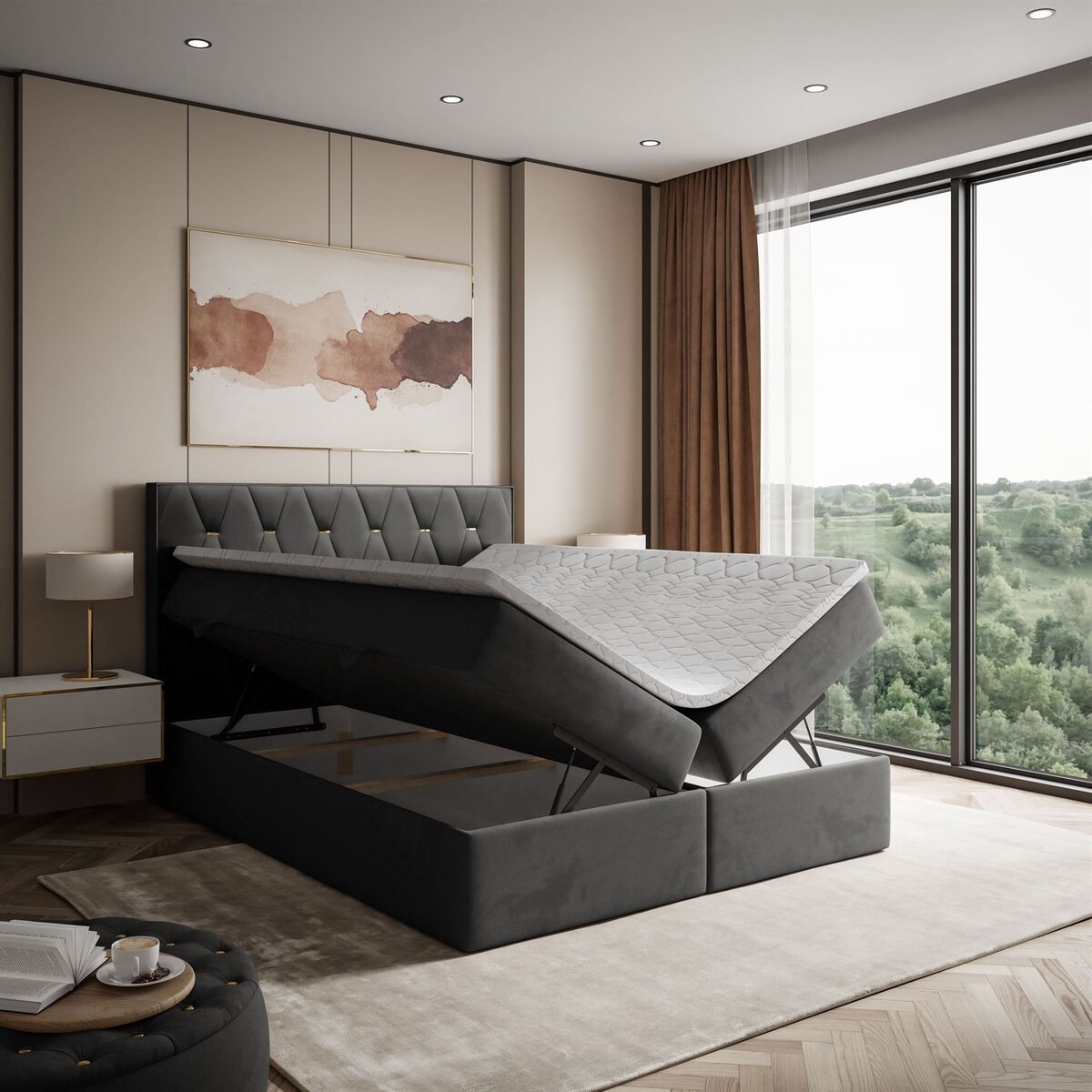 Łóżko kontynentalne IZOLDA z pojemnikiem na pościel, 180x200, RV 185, topper