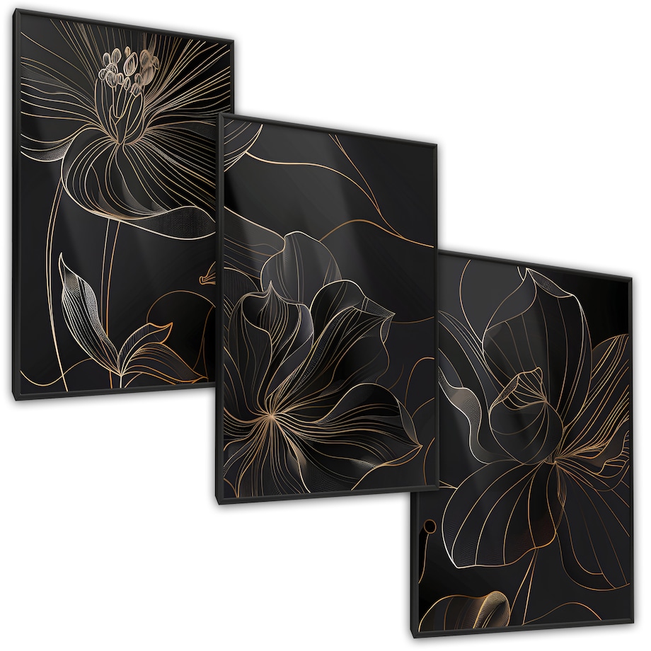 ZESTAW 3X PLAKAT W RAMIE KWIATY STYL LINE-ART STYL GLAMOUR DO SALONU 60x80cm