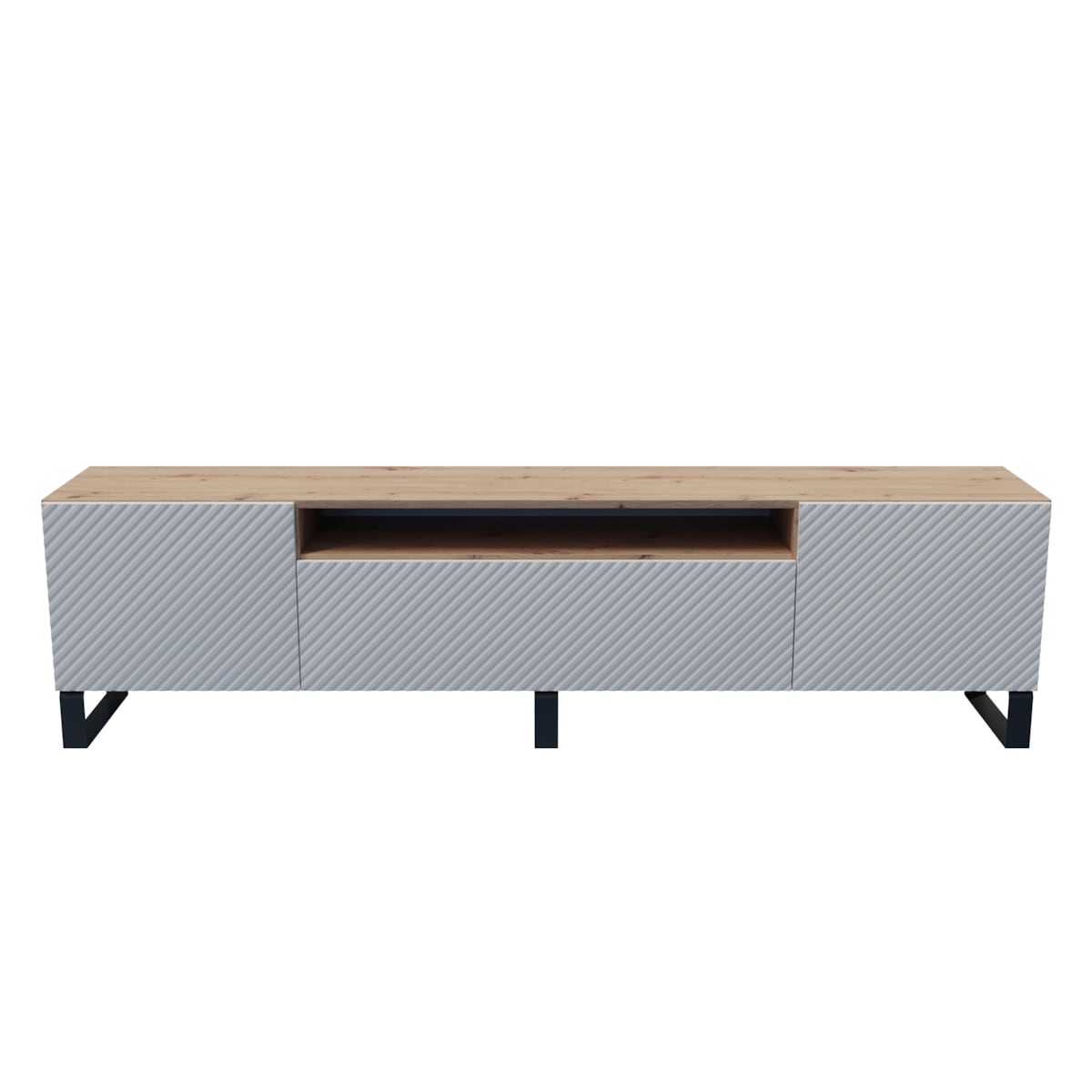 Szafka RTV NIKOL 200cm na metalowych nogach, frezowane fronty-biała+artisan