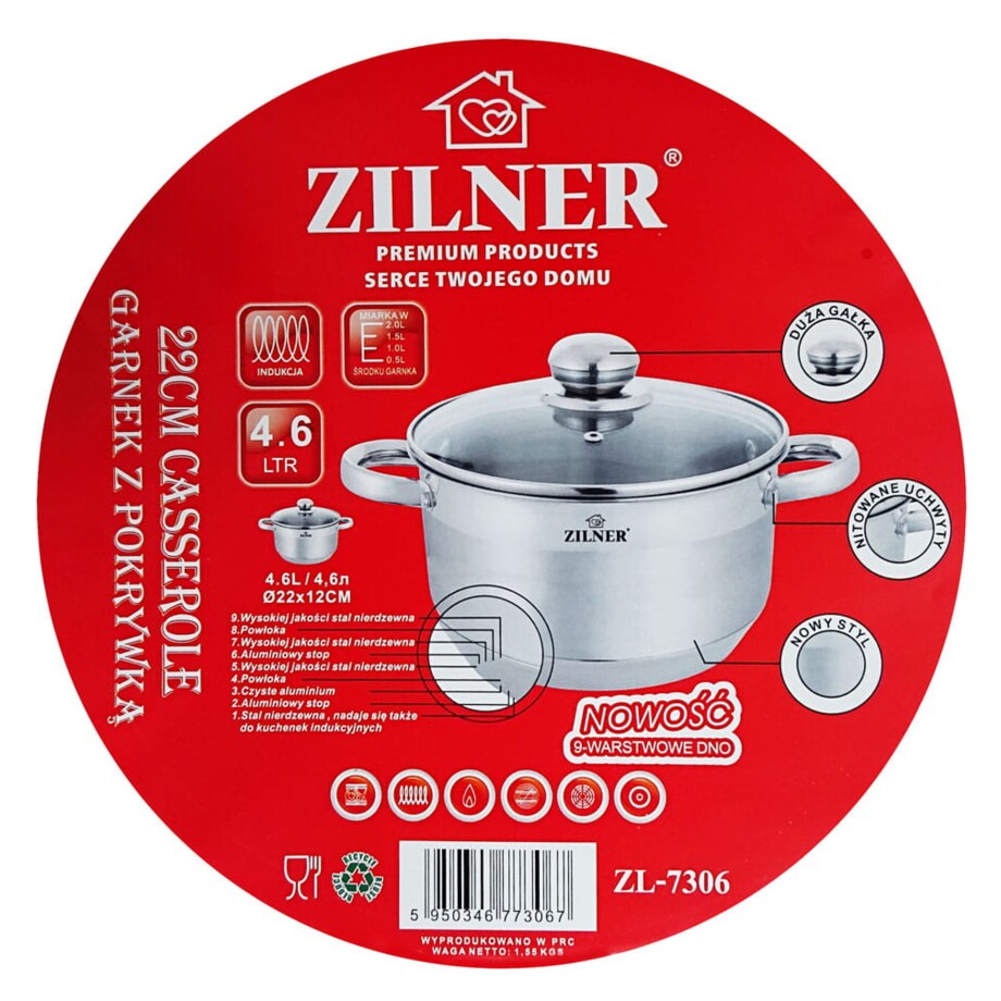 GARNEK Z GRUBYM DNEM 9 WARSTW STAL NIERDZEWNA INDUKCJA GAZ 4.6L 22CM ZILNER