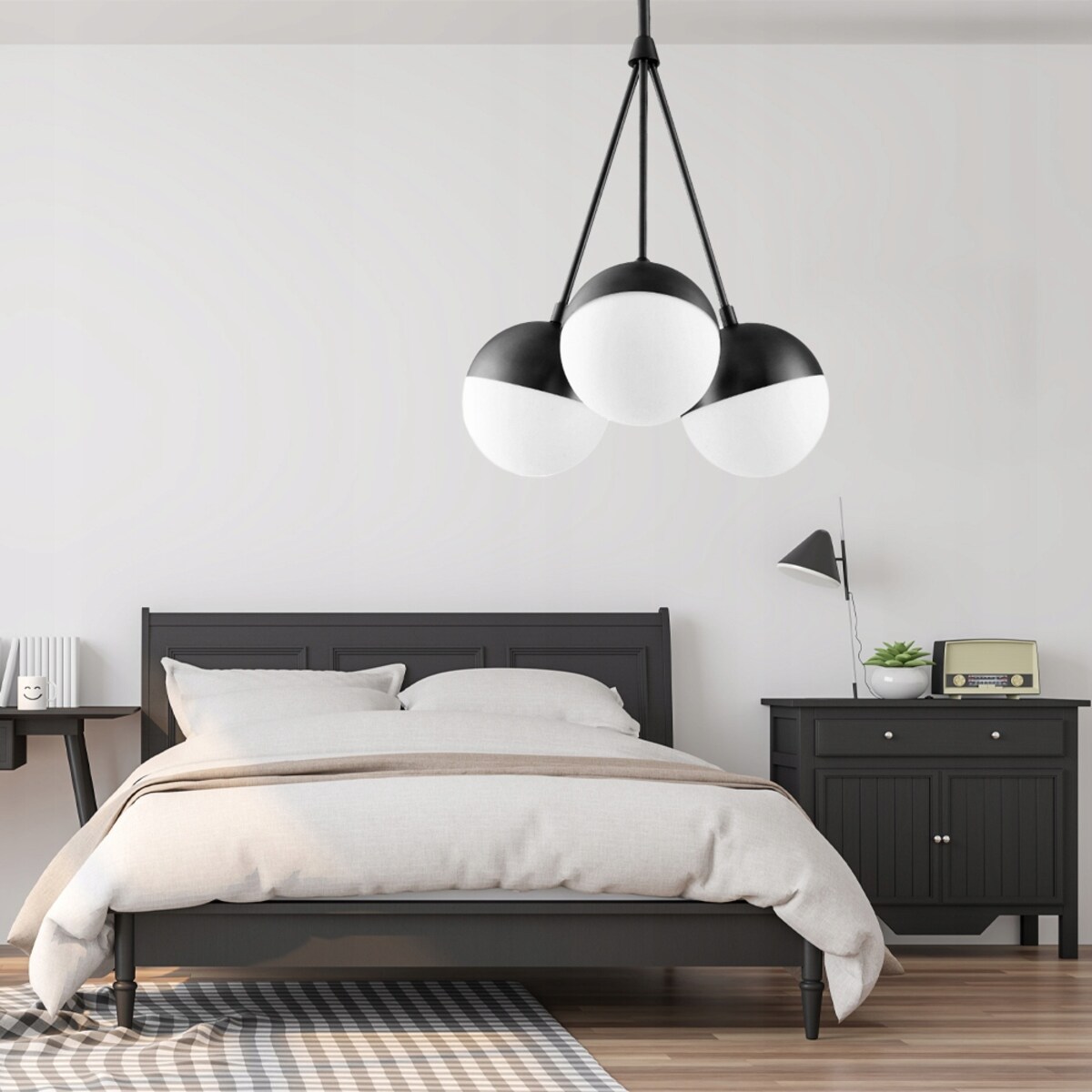 Lampa Wisząca Kule Szklana Mleczna Czarna Biała