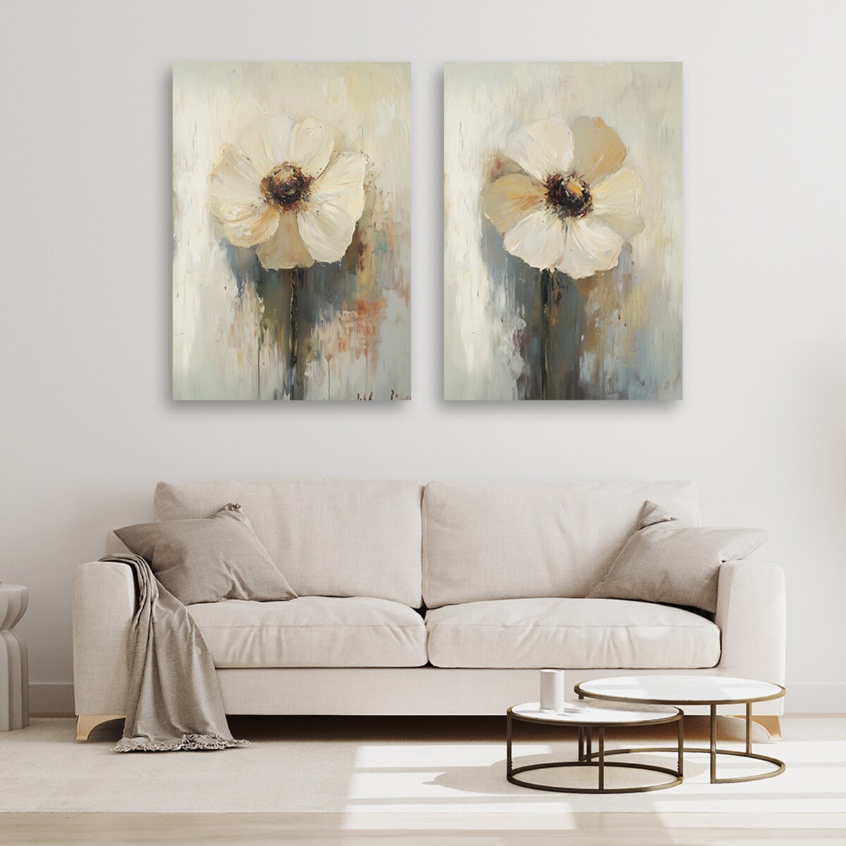 Feeby Zestaw obrazów do salonu sypialni, Beżowe kwiaty w stylu boho 140x100 (2x70x100)