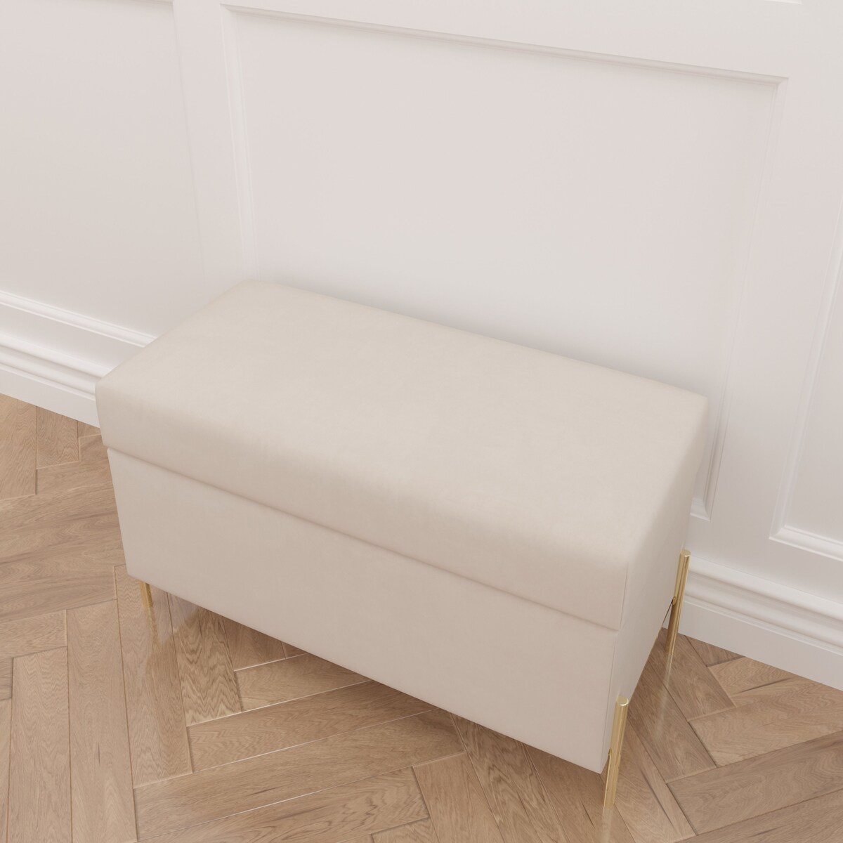 Beżowa tapicerowana ławka Dancan BORGO z pojemnikiem, na złotych metalowych nogach