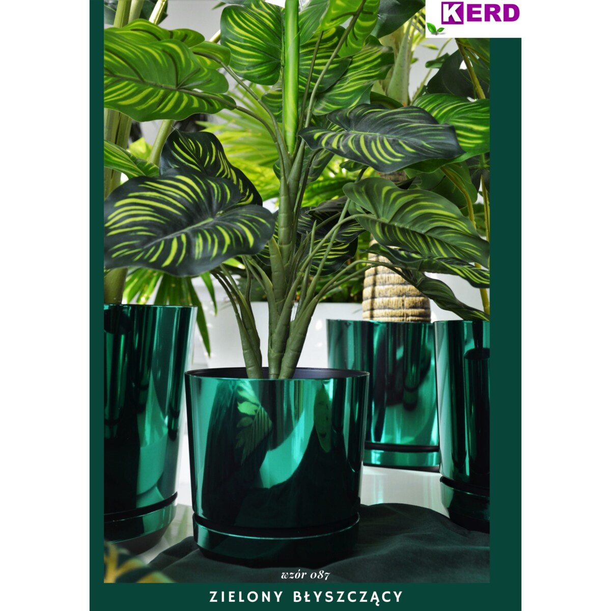 26 cm wzór ZIELONY BŁYSZCZĄCY Doniczka z podstawką nowoczesna glamour wysoki połysk metaliczny idealna do monstera orchidea