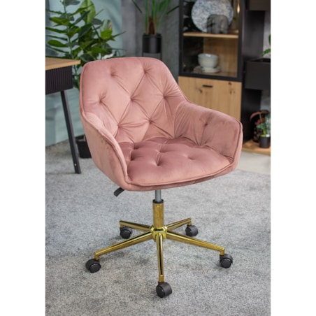 Fotel welurowy obrotowy LARGO różowy na złotej stopie