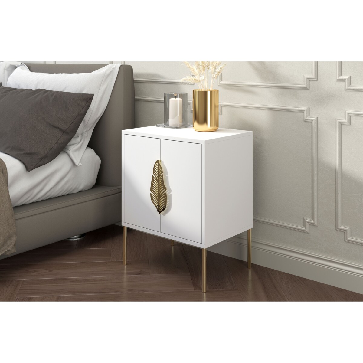 Biała szafka nocna Skandica MERLIN ze złotymi dodatkami