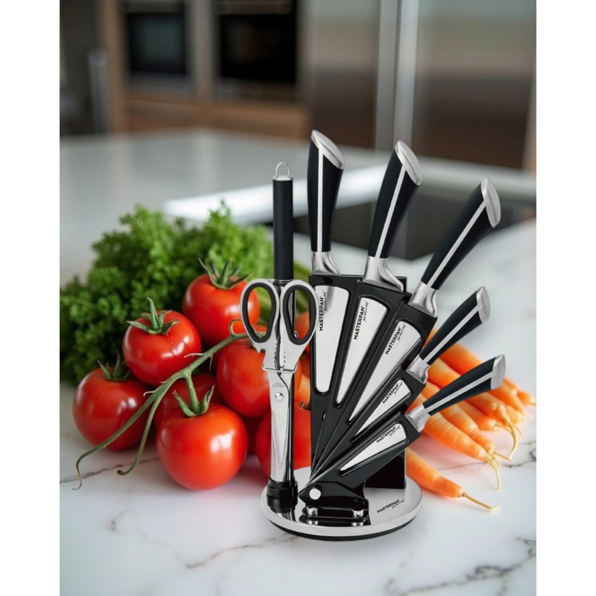 Zestaw Komplet Noży Kuchennych W Stojaku 8 Szt. Ostrzałka Nożyczki Ostre