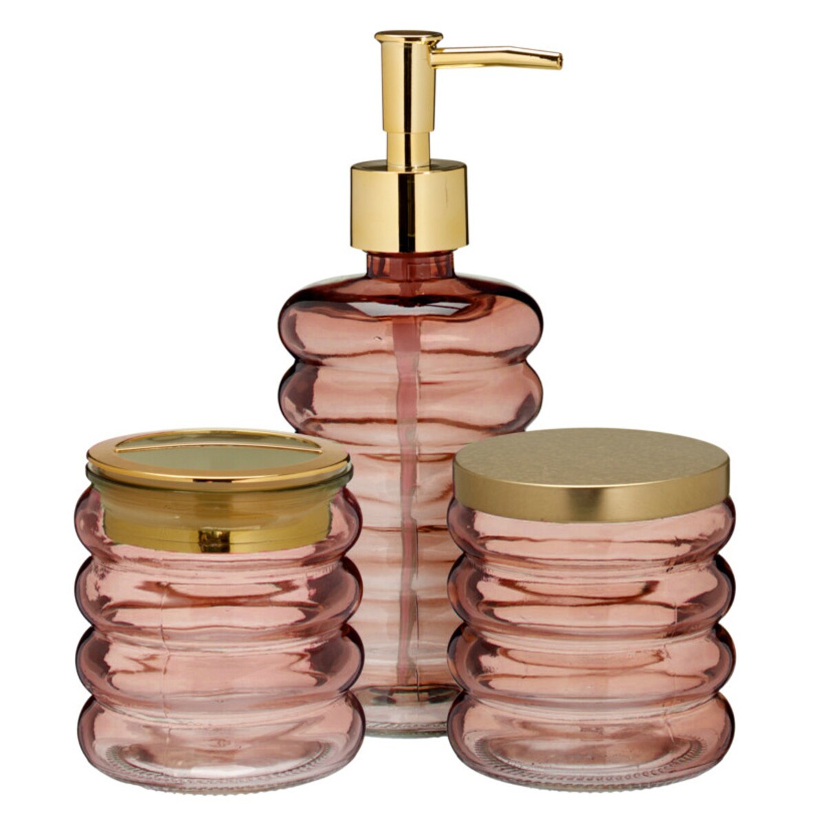 Zestaw łazienkowy HUM, szklany dozownik, kubek, pojemnik, 3 elementy