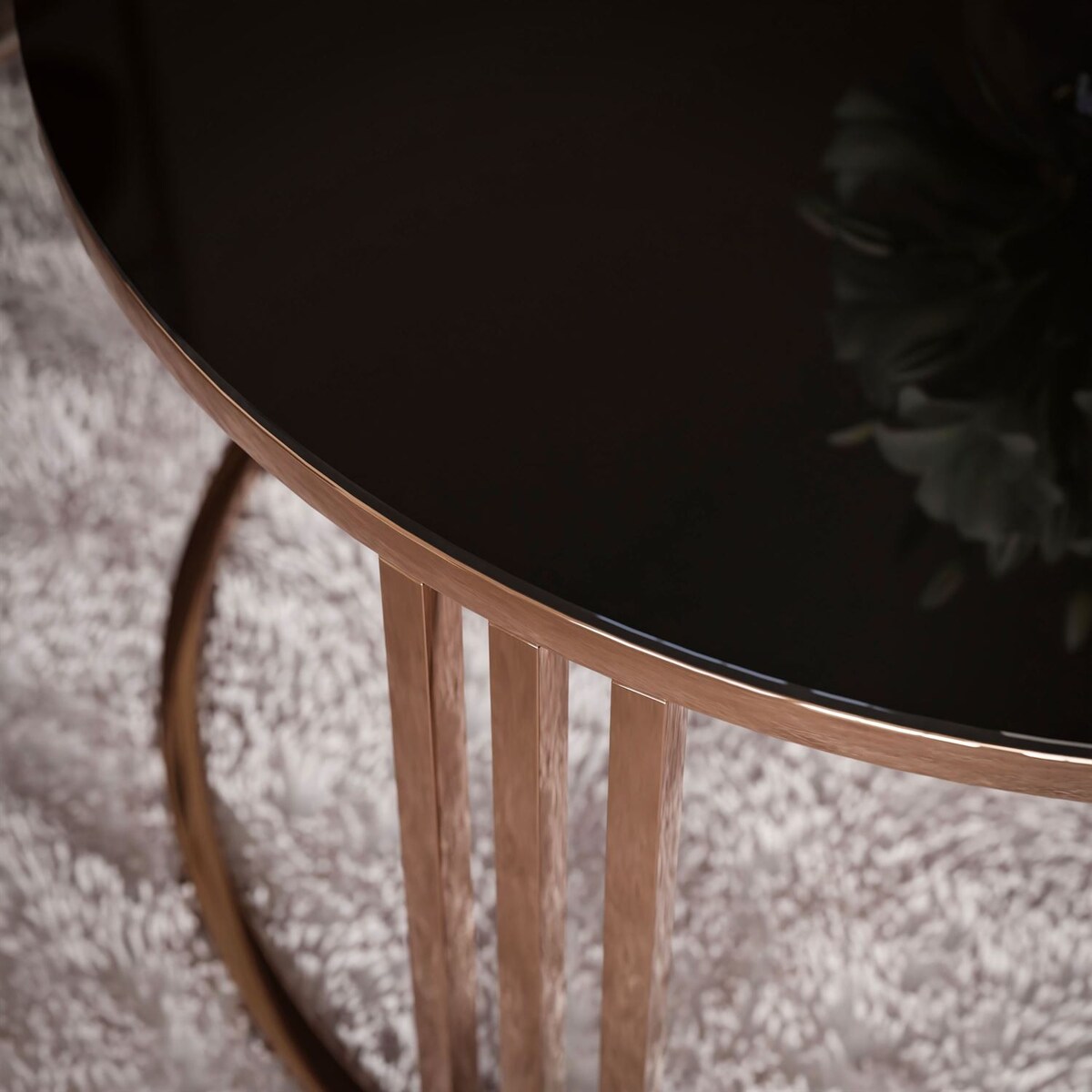 Zestaw stolików kawowych LORI 2w1, miedziana podstawa, czarne szkło