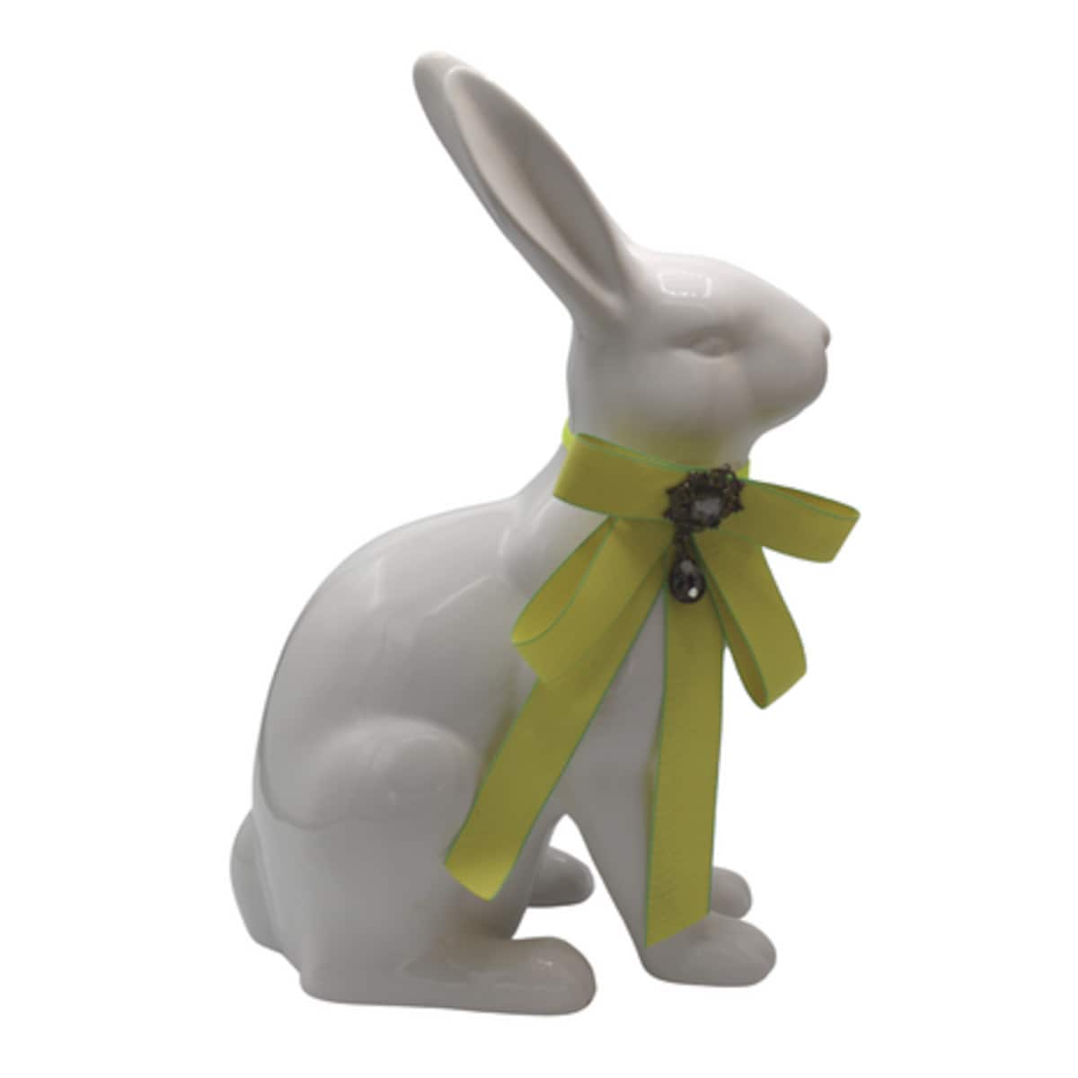Figurka - biały królik z zieloną kokardą 37x23x13,5 cm z koralikiem