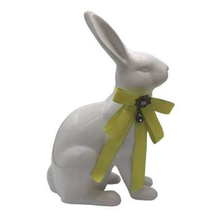 Figurka - biały królik z zieloną kokardą 37x23x13,5 cm z koralikiem