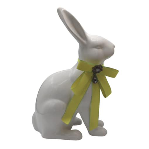 Figurka - biały królik z zieloną kokardą 37x23x13,5 cm z koralikiem