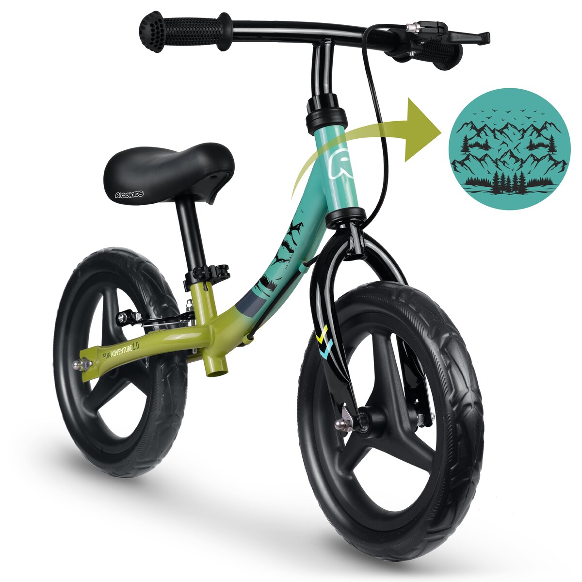 Rowerek biegowy dla dzieci rower dziecięcy lekki Fun Adventure Ricokids zielono-czarny