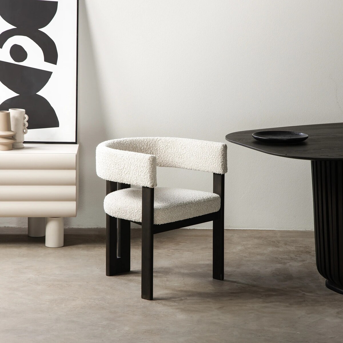 Krzesło do jadalni jasnobeżowe/czarne, bouclé Aya