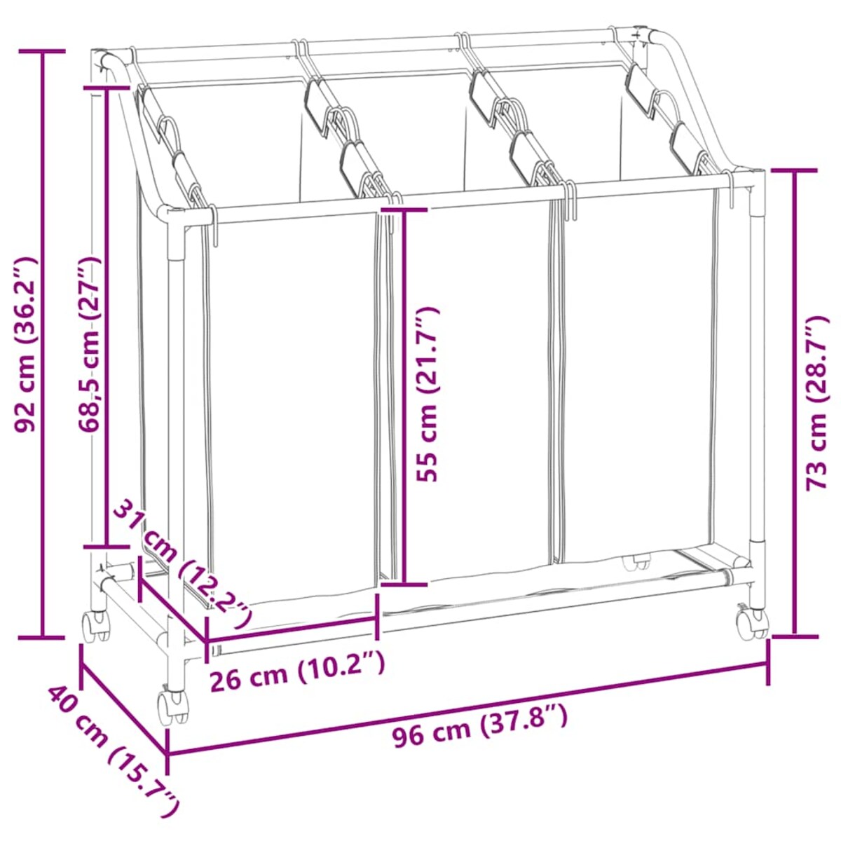 vidaXL Sortownik na pranie z 3 pojemnikami, kremowy, stalowy