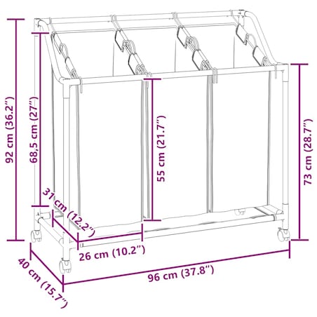 vidaXL Sortownik na pranie z 3 pojemnikami, kremowy, stalowy