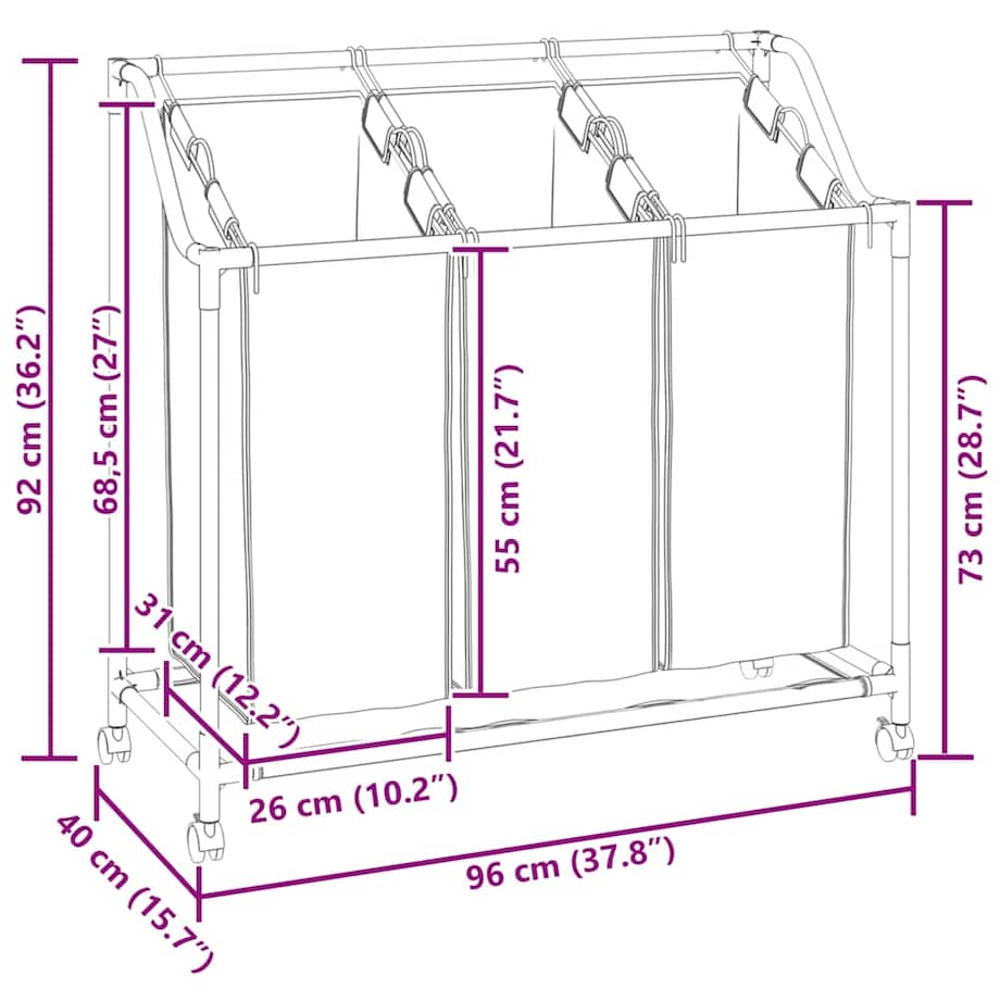 vidaXL Sortownik na pranie z 3 pojemnikami, kremowy, stalowy