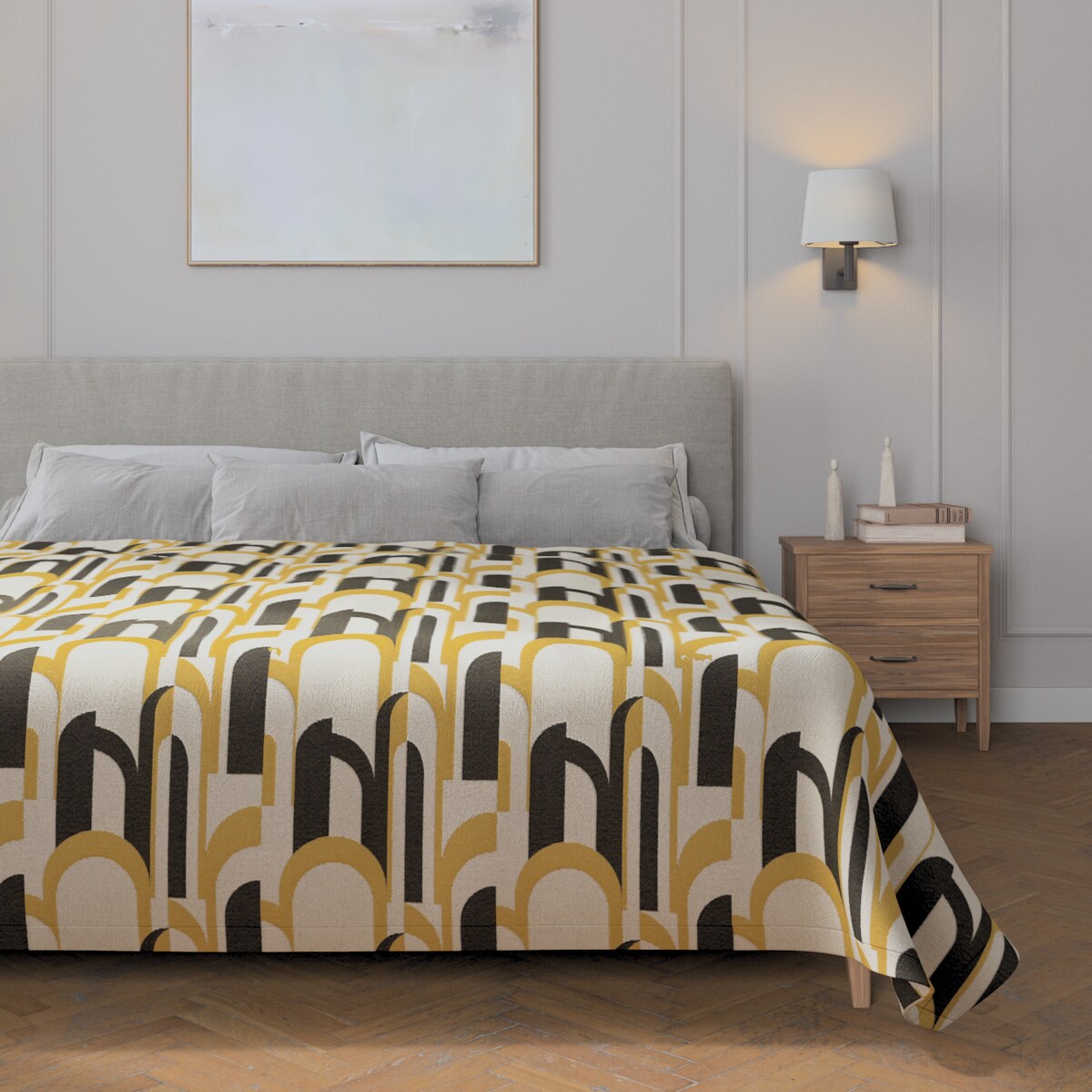 Pled narzuta 220x260cm 220x260 czarno-żółte wzory na kremowym tle