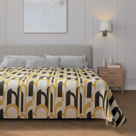 Pled narzuta 220x260cm 220x260 czarno-żółte wzory na kremowym tle