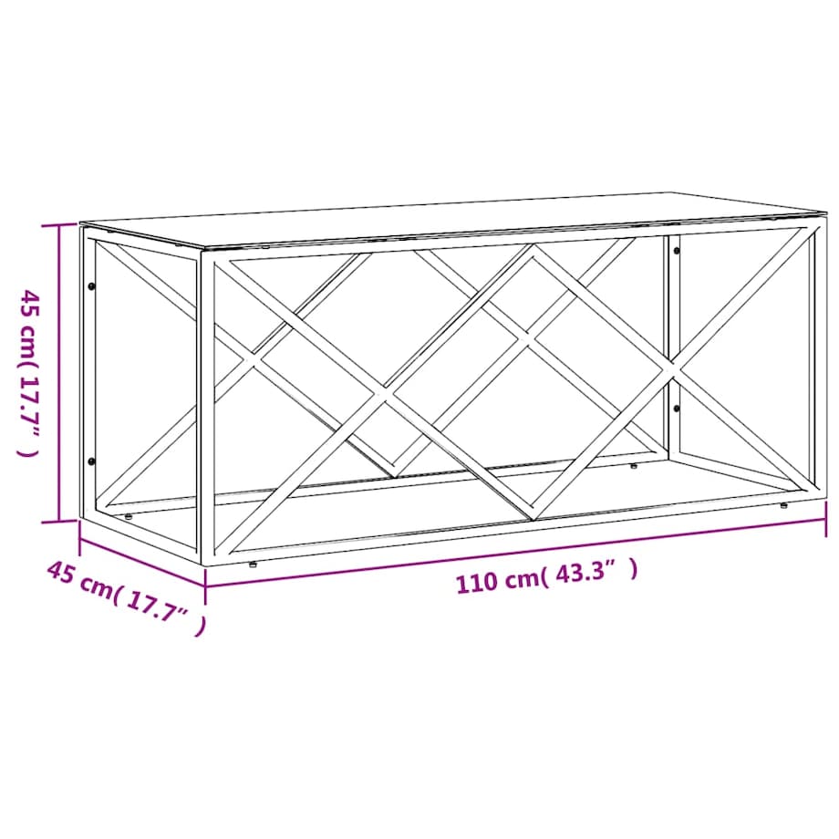 vidaXL Stolik kawowy, 110x45x45 cm, stal nierdzewna i szkło