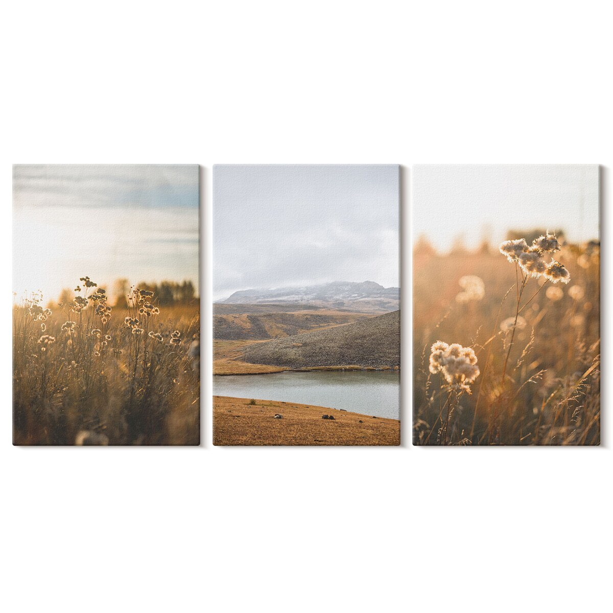 Zestaw 3 małych obrazów na płótnie - Krajobrazy łąki góry jezioro - brązowy