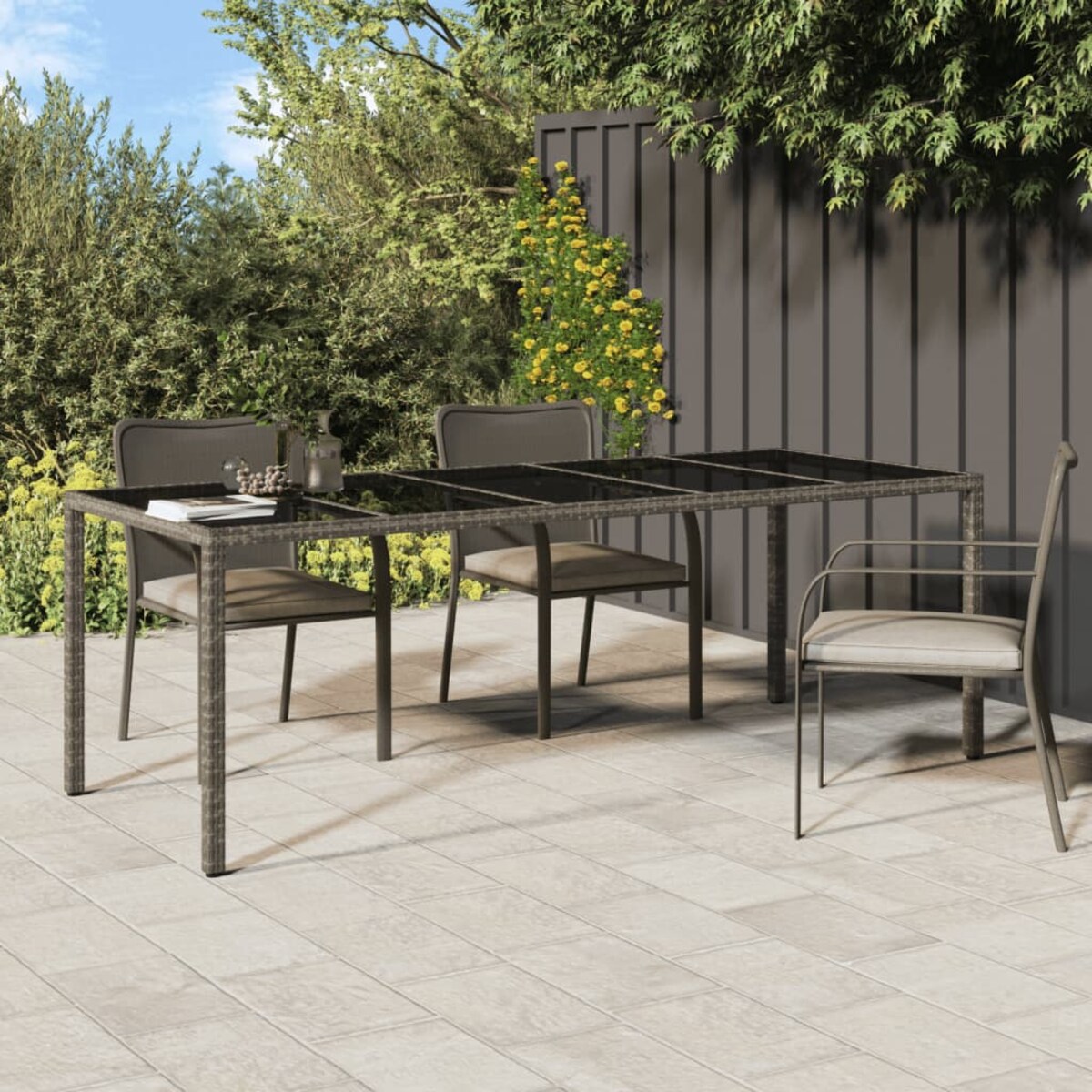 vidaXL Stół ogrodowy, szary, 250x100x75 cm, szkło i rattan PE