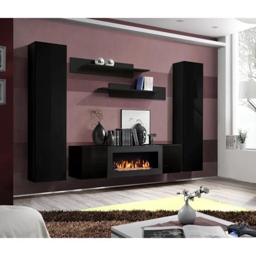 Meblościanka FLY M1 czarny połysk/czarny mat z biokominkiem