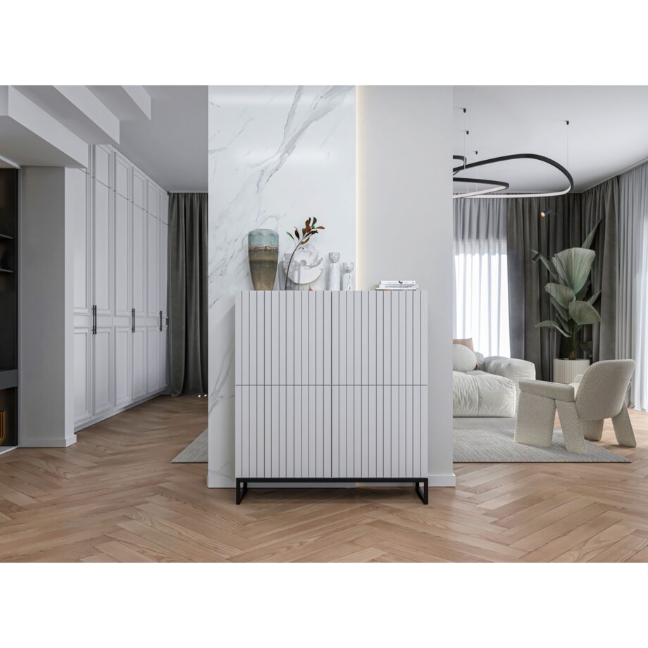 Komoda RTV Industrialna Szafka RTV Loft Biały Mat Glamour Ryflowane Fronty 112 cm Rama