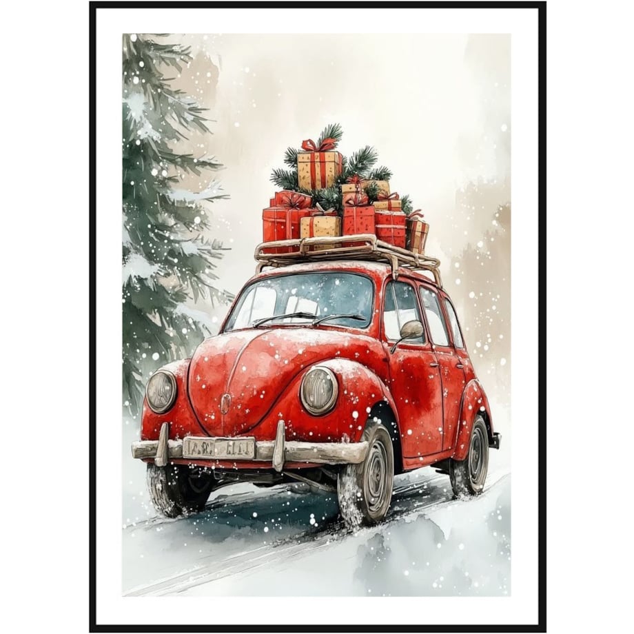 Poster Story, Plakat, Obraz - Świąteczna Podróż Czerwonym Garbusem z Prezentami, wymiary 50 x 70 cm