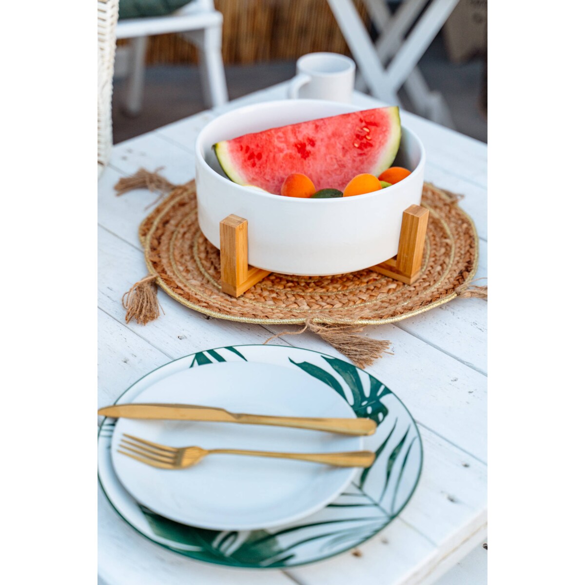 Miska na sałatkę, Ø 24 cm, ceramiczna na bambusowym stojaku
