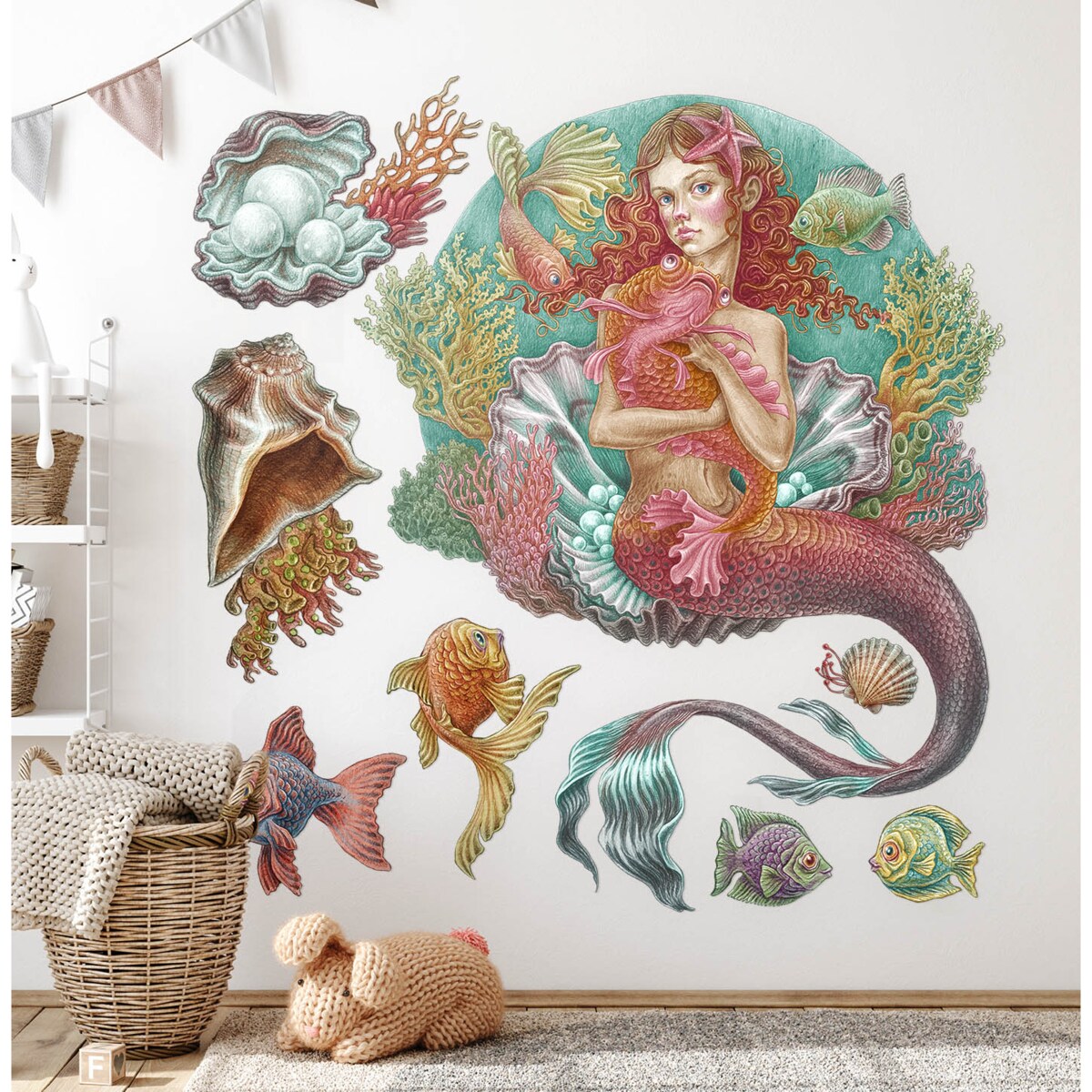 Zestaw naklejek na ścianę, Syrena świat rysunkowy, 100cm