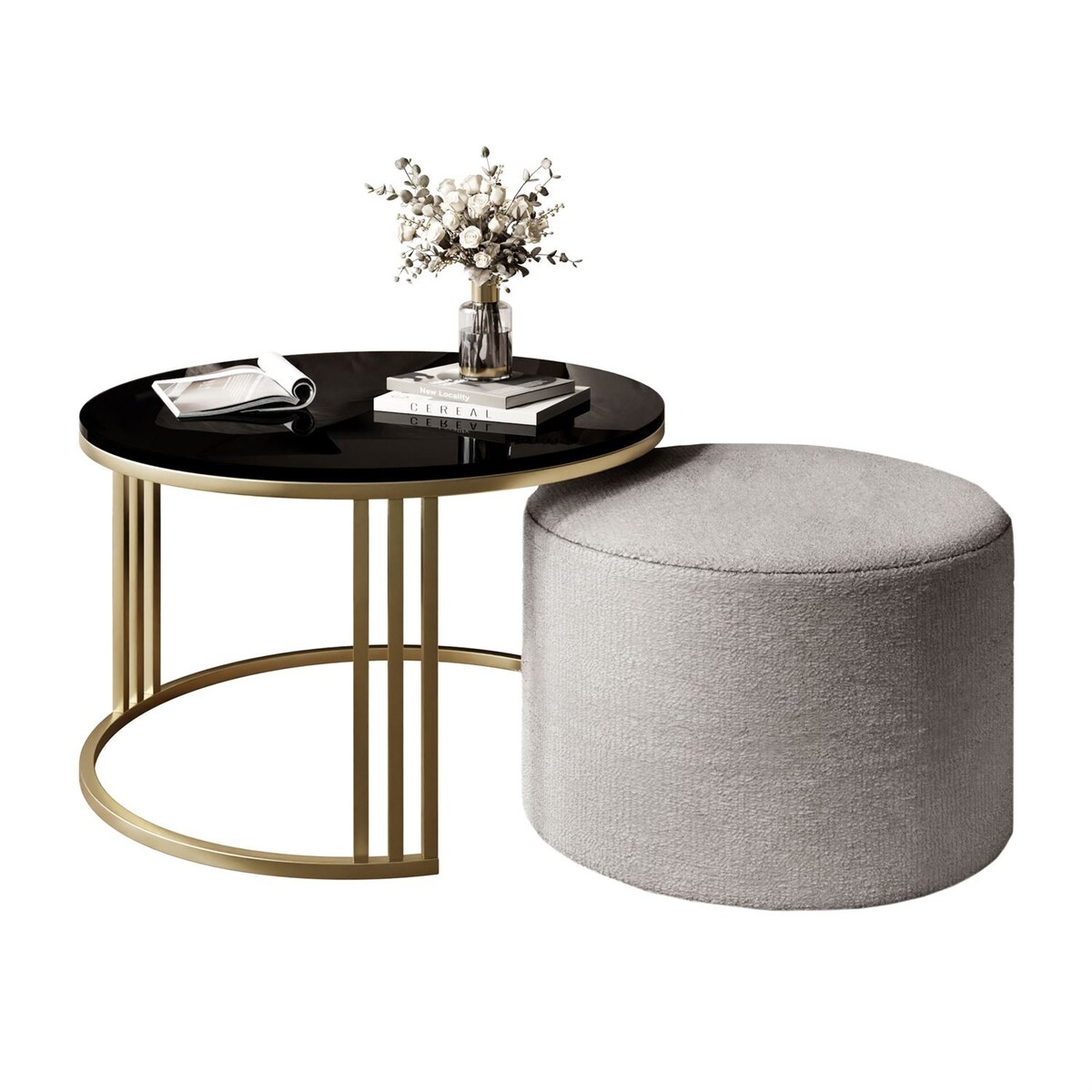 Stolik kawowy z pufą LORI POŁYSK złoto szczotkowane, czarny / Perfect Harmony 82