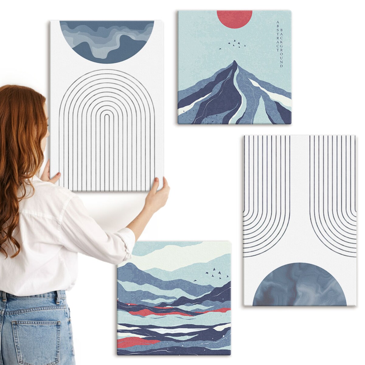 Zestaw 4 obrazów na płótnie - Abstrakcyjne górskie pejzaże boho - niebieski