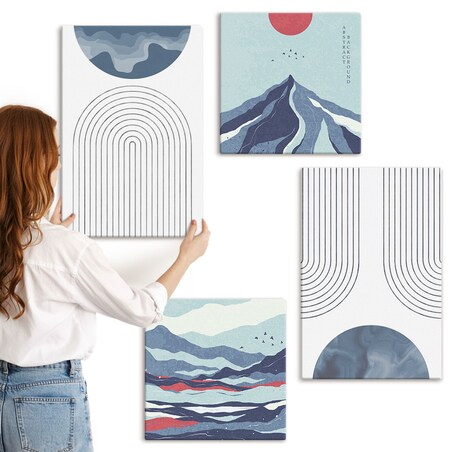 Zestaw 4 obrazów na płótnie - Abstrakcyjne górskie pejzaże boho - niebieski