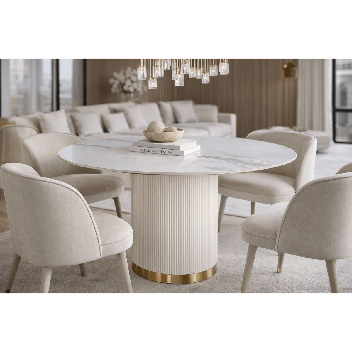 Okrągły stół glamour ryflowany Luna Ecru z marmurem 120x120x75