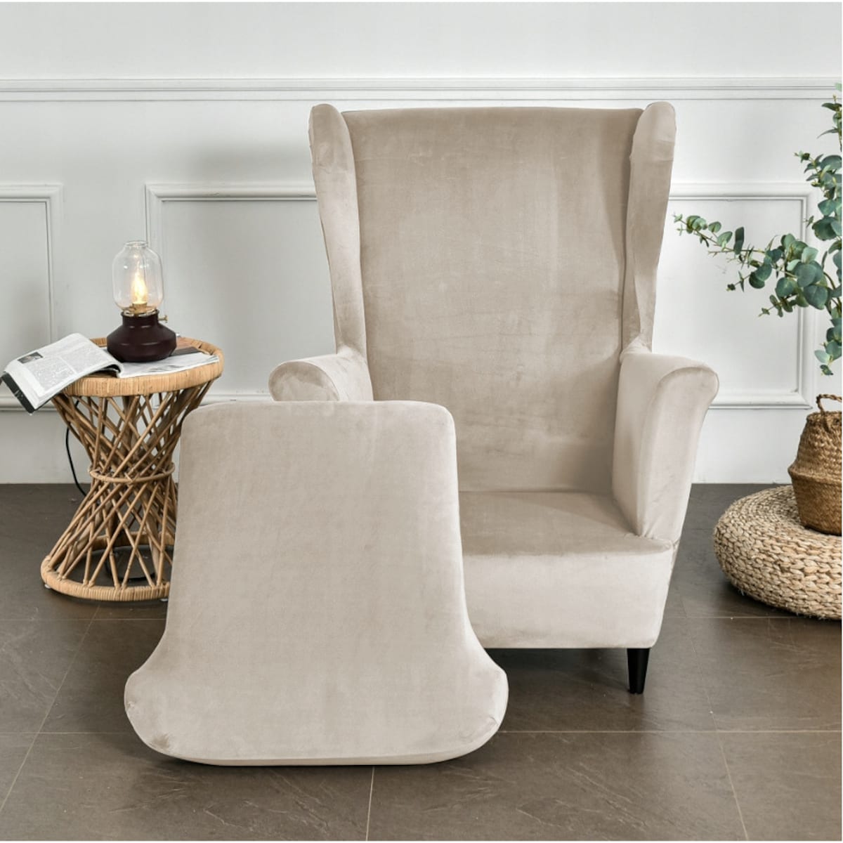 POKROWIEC NA FOTEL USZAK CHŁODNY BEŻ WELUR ELASTYCZNY [22E12]