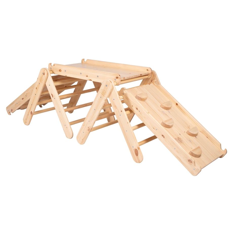 Meowbaby® Dwie Drewniane Drabinki dla Dzieci + Trzy Zjeżdżalnie-Ścianki wspinaczkowe, Zestaw Naturalny