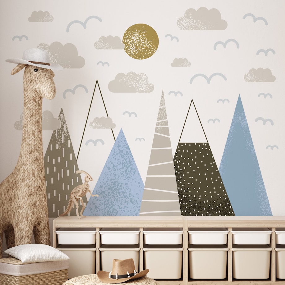 NAKLEJKI ŚCIENNE DLA DZIECI NIEBIESKIE GÓRY CHMURY PTAKI SŁOŃCE ZESTAW