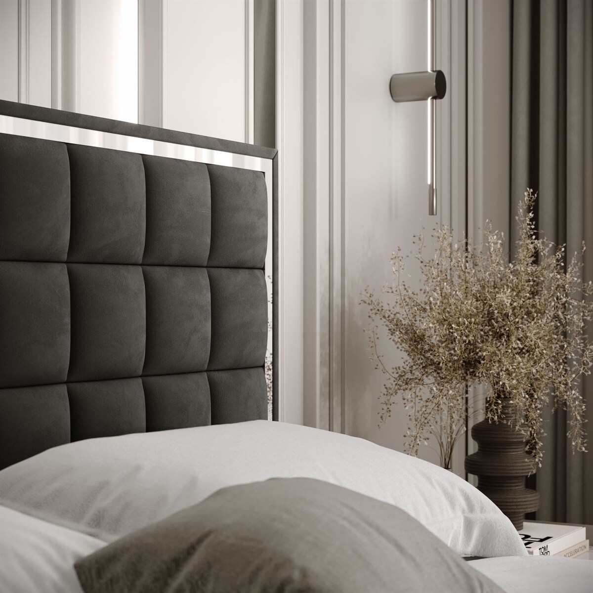 Łóżko tapicerowane ISADORA SILVER, pojemnik na pościel, stelaż 34, 180x200, RV 185