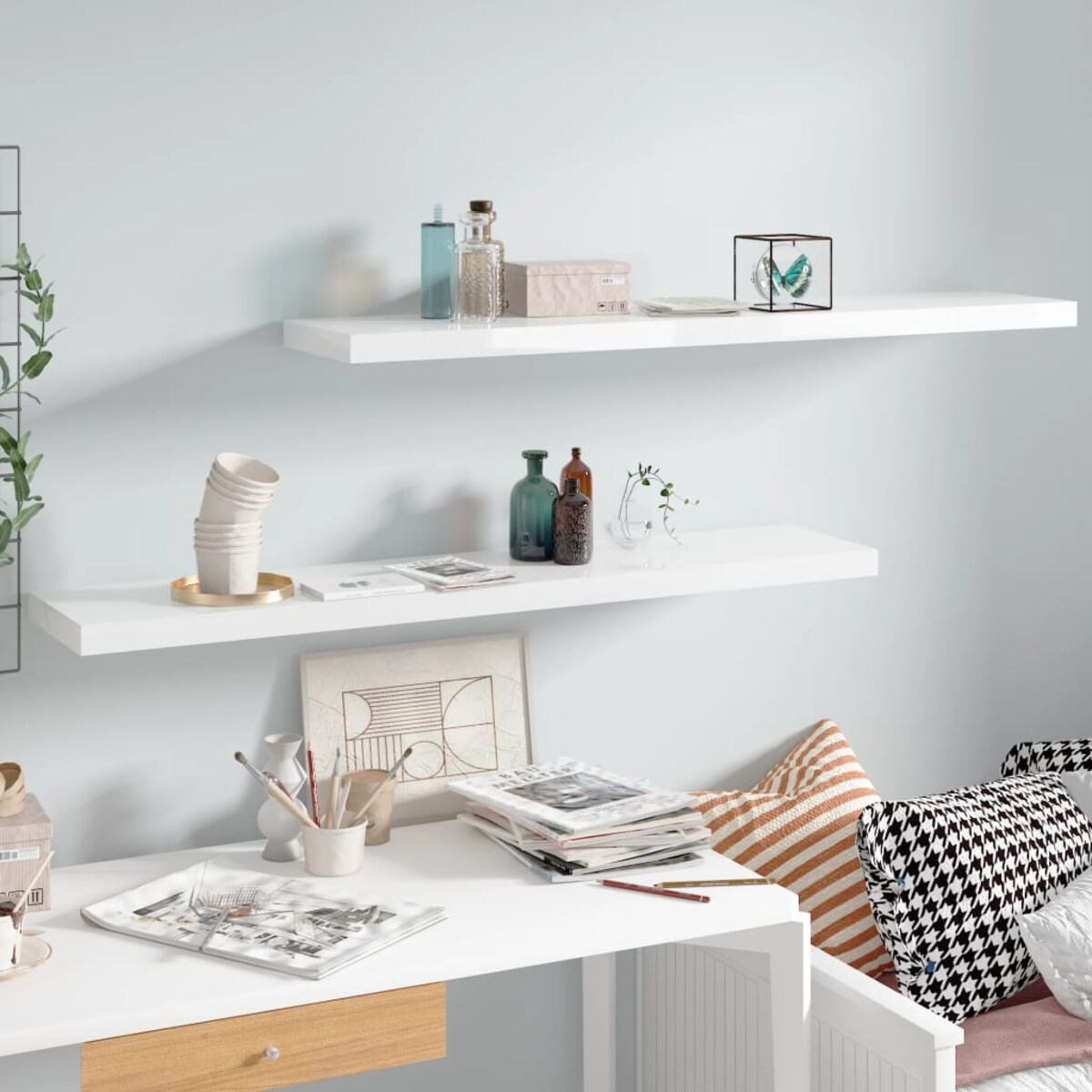 vidaXL Półki ścienne 2 szt., wysoki połysk, biel, 120x23,5x3,8 cm, MDF