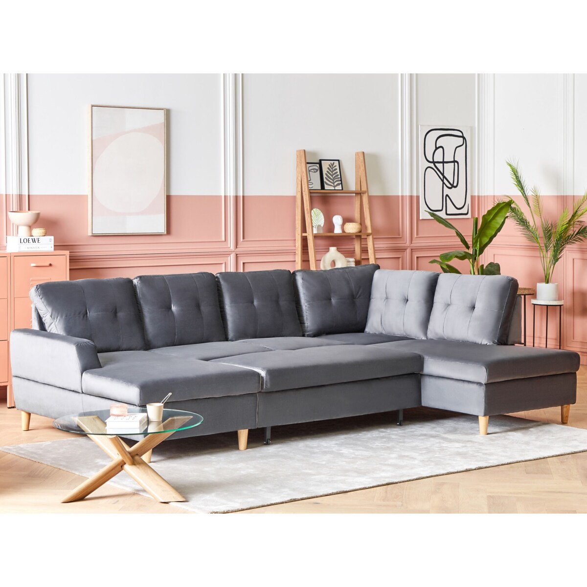 Narożnik rozkładany z pojemnikiem welurowy szary LERUM