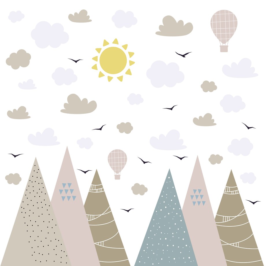 NAKLEJKI ŚCIENNE DLA DZIECI GÓRY CHMURKI PTAKI BALONY STYL BOHO ZESTAW