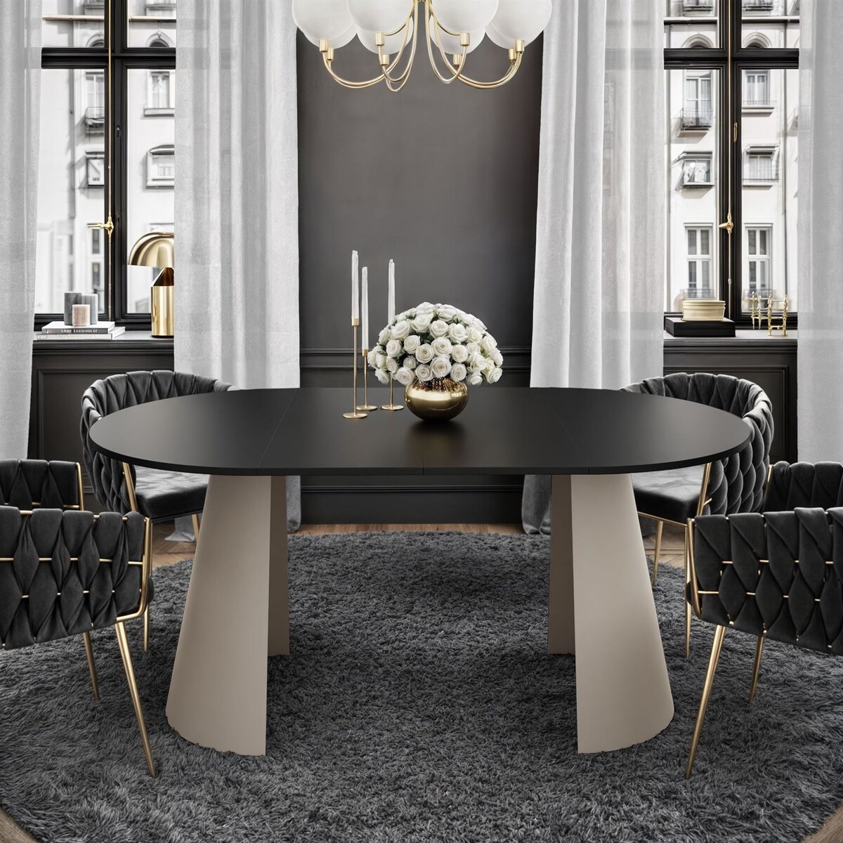 Okrągły stół rozkładany LAVA, średnica 100cm, kaszmir / czarny mat