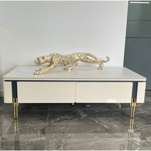 Stolik kawowy złoty nowojorski / ława Luxury Premium z kamiennym blatem marmurkowym 130x70x38